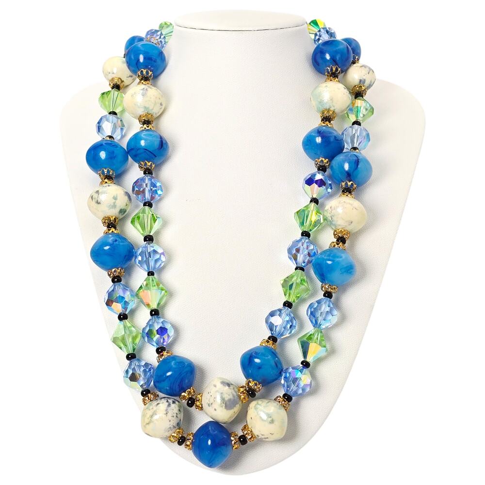 Vintage Chunky Double Strand Beaded Blue White  Faceted Gold Tone Necklace